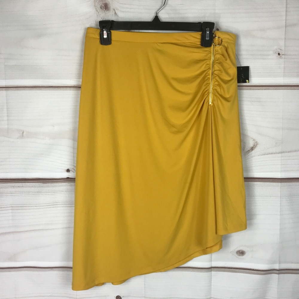 Thalia Sodi Skirt Womens M Yellow Ruched Asymmetrical Knit‎ Side Zipper Solid